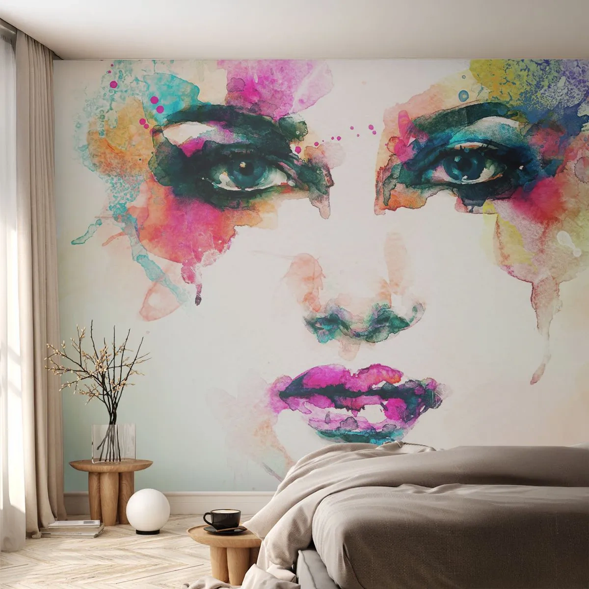 Papel de Parede Premium Sand - Retrato pintado com o arco-íris - Abstração, Rosto de mulher, Pedaço - 400x280 cm