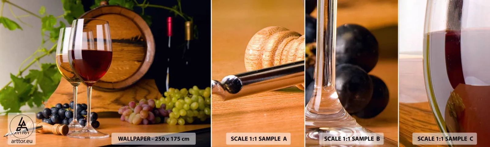 Amostra de papel de parede autocolante Deluxe Sticker - Como com os antigos mestres - Barril de vinho, Uva, Uma taça de vinho - 100x30 cm