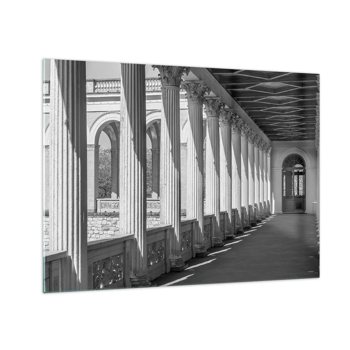 Quadro em vidro - Uma colunata em preto e branco com um jogo rítmico de luz e sombra - 70x50cm - Arcada ensolarada - Decoração de parede moderna para a sala de estar e quarto ARTTOR