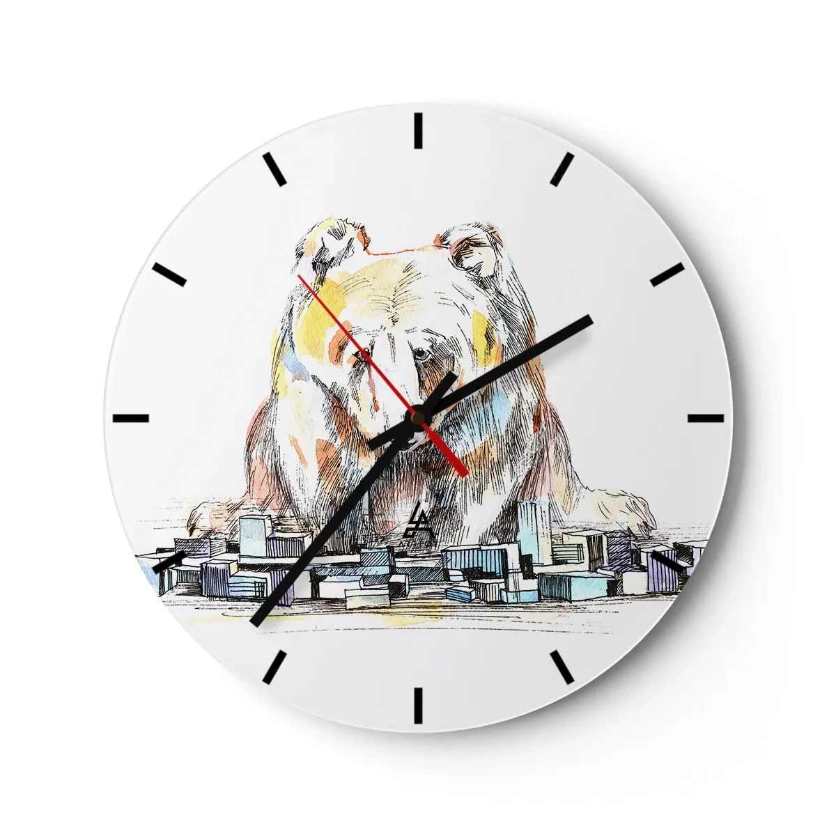 Relógio de parede - Relógio em vidro - Desenho de um urso sobre uma paisagem urbana - 30x30cm - Como viver assim? - Decoração de parede moderna para a sala de estar, cozinha e quarto ARTTOR