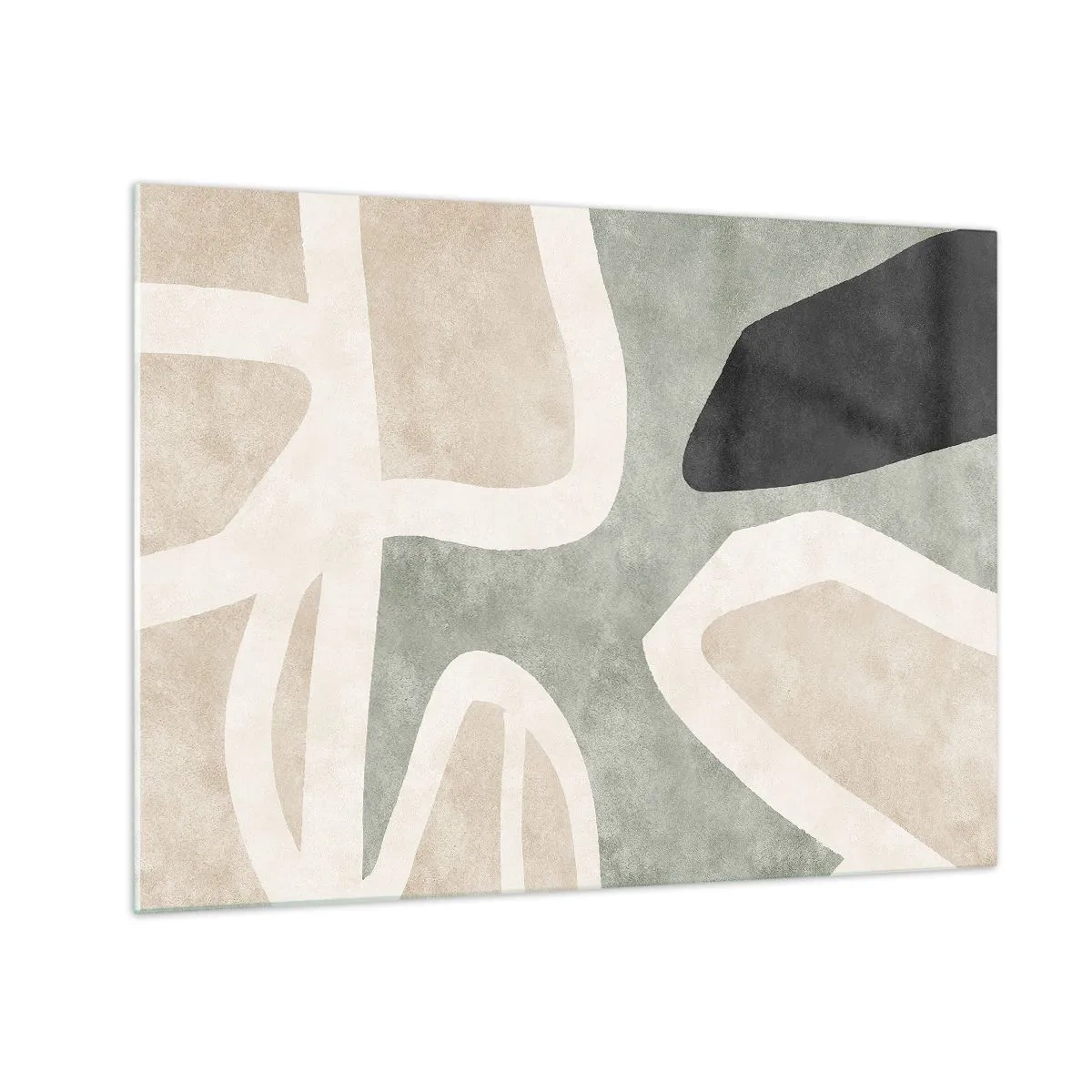 Quadro em vidro - Formas abstratas em bege e verde com um toque de preto - 70x50cm - Composição com motivo preto - Decoração de parede moderna para a sala de estar e quarto ARTTOR