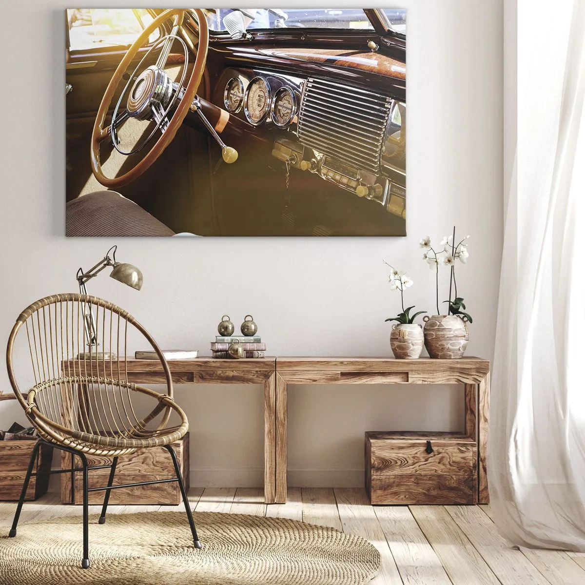Quadro em tela - Close-up do interior de um carro clássico com detalhes em madeira e cromo. - 70x50cm - Um sopro de luxo do passado - Decoração de parede moderna para a sala de estar e quarto ARTTOR