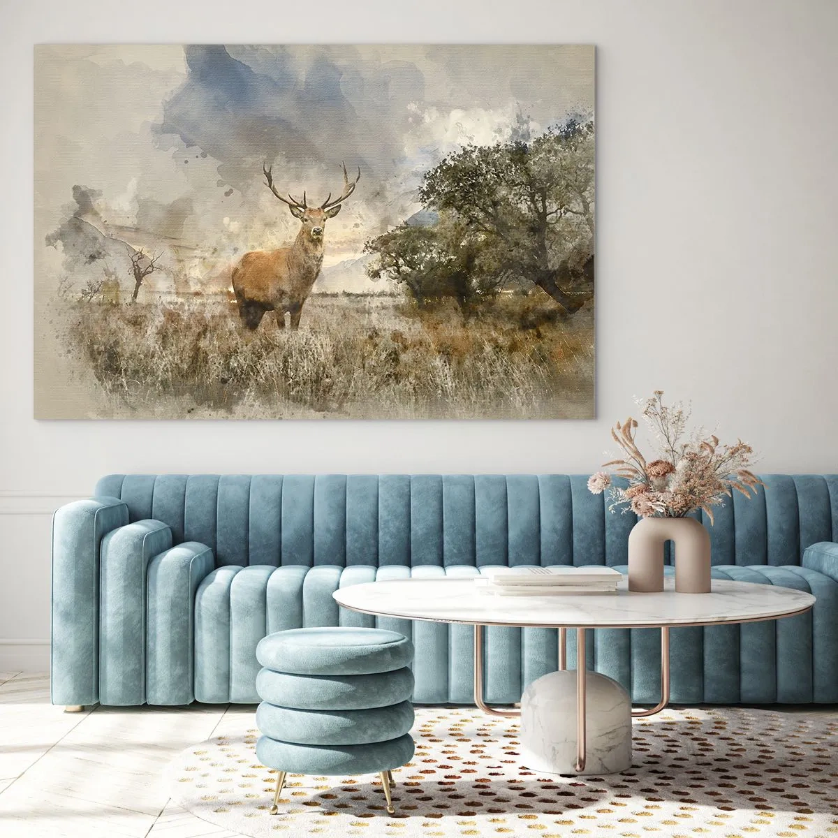 Quadro em vidro - Um cervo em uma paisagem natural com cores sutis ao fundo - 70x50cm - Dignidade - força - dignidade - Decoração de parede moderna para a sala de estar e quarto ARTTOR