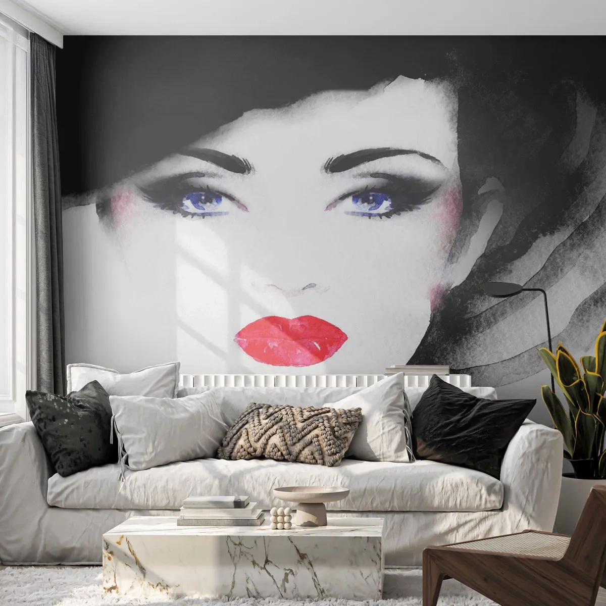 Papel de Parede Premium Sand - Repulsa e convoca - Rosto de mulher, lábios vermelhos, Olhos azuis - 100x70 cm