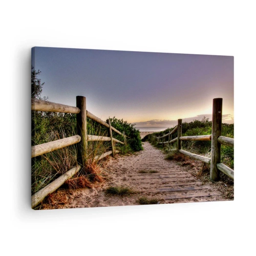 Quadro em tela - Caminho de madeira nas dunas que leva à praia ao pôr do sol - 70x50cm - O objetivo já está claro - Decoração de parede moderna para a sala de estar e quarto ARTTOR