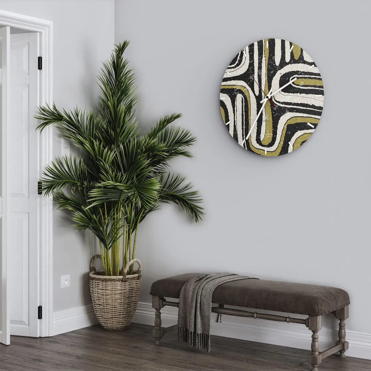 Relógio de parede - Relógio em vidro - Listras geométricas em tons de bege, preto e oliva - 30x30cm - Composição: estradas e becos - Decoração de parede moderna para a sala de estar, cozinha e quarto ARTTOR