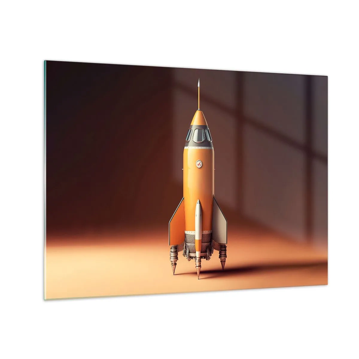 Quadro em vidro - Um foguete laranja contra um fundo de luz suave - 70x50cm - Tudo começa com um sonho - Decoração de parede moderna para a sala de estar e quarto ARTTOR
