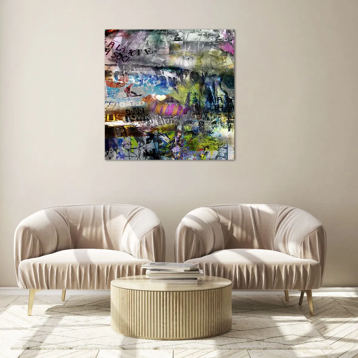 Quadro em vidro - Colagem de memórias - 70x70 cm