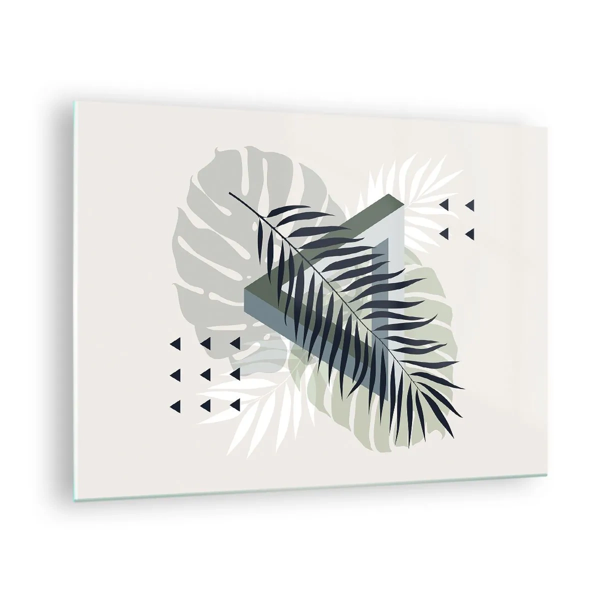 Quadro em vidro - Uma composição geométrica moderna de folhas - 70x50cm - Natureza e geometria – duas ordens? - Decoração de parede moderna para a sala de estar e quarto ARTTOR