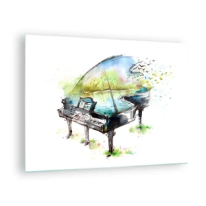 Quadro em vidro - Aquarela de um piano cercado pela natureza - 70x50cm - Encantado pela música - Decoração de parede moderna para a sala de estar e quarto ARTTOR