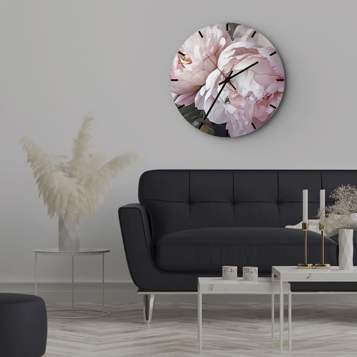 Relógio de parede - Relógio em vidro - Peônias rosa delicadas em close-up - 30x30cm - Parou no florescer - Decoração de parede moderna para a sala de estar, cozinha e quarto ARTTOR