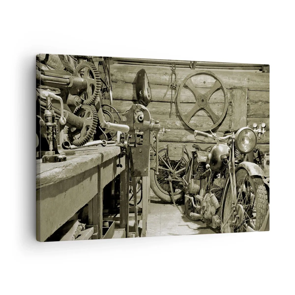 Quadro em tela - Oficina retrô com motocicletas e ferramentas - 70x50cm - No depósito do tio Jorge - Decoração de parede moderna para a sala de estar e quarto ARTTOR