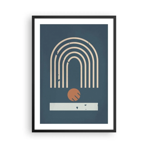 Pôster com moldura preta - Arcos geométricos e uma esfera em um fundo escuro - 50x70cm - Geometria em azul marinho - Decoração de parede moderna para a sala de estar e quarto ARTTOR