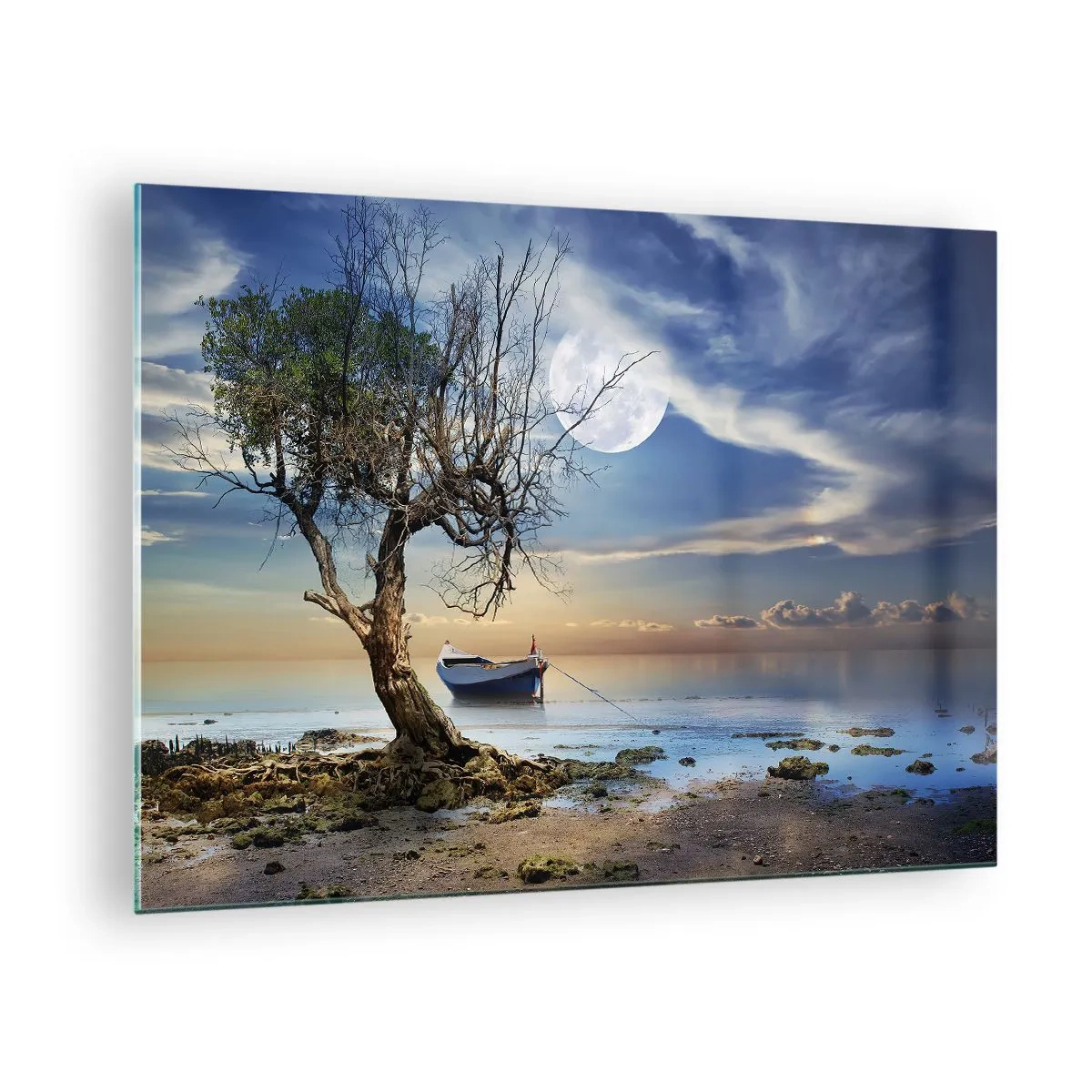 Quadro em vidro - Um barco solitário perto de uma árvore com a lua ao fundo - 70x50cm - É este o fim ou o começo? - Decoração de parede moderna para a sala de estar e quarto ARTTOR