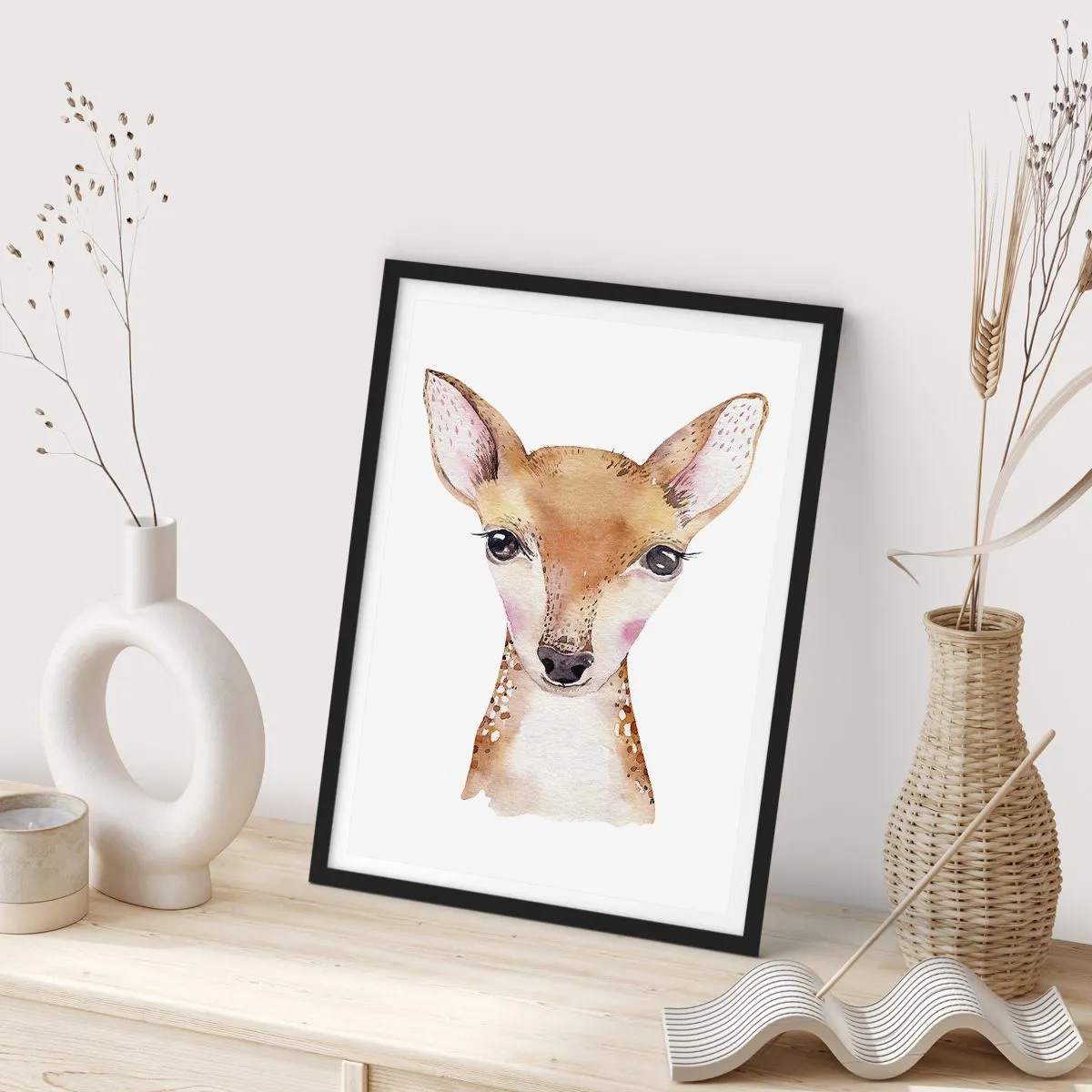 Pôster com moldura preta - Retrato em aquarela de um jovem cervo em um fundo branco - 50x70cm - A Natureza da Inocência - Decoração de parede moderna para a sala de estar e quarto ARTTOR