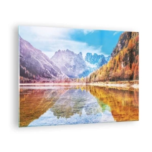 Quadro em vidro - Montanhas de outono refletidas no lago, cercadas por árvores coloridas - 70x50cm - E nas montanhas é outono - Decoração de parede moderna para a sala de estar e quarto ARTTOR