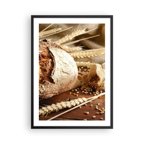Pôster com moldura preta - Pão sobre uma mesa de madeira com espigas de trigo - 50x70cm - Apetitoso, perfumado, crocante - Decoração de parede moderna para a sala de estar e quarto ARTTOR