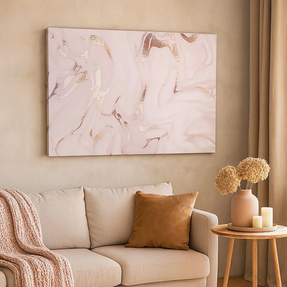 Quadro em tela - Abstração elegante em tons de rosa e dourado - 70x50cm - Num lenço cor-de-rosa - Decoração de parede moderna para a sala de estar e quarto ARTTOR