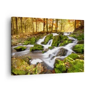 Quadro em tela - Uma paisagem arborizada com uma cachoeira cercada por musgo - 70x50cm - Pela floresta de outono - Decoração de parede moderna para a sala de estar e quarto ARTTOR