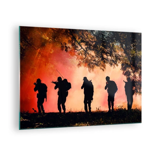 Quadro em vidro - Um grupo de soldados marchando tendo como pano de fundo uma floresta em chamas. - 70x50cm - ...Todos por um. - Decoração de parede moderna para a sala de estar e quarto ARTTOR