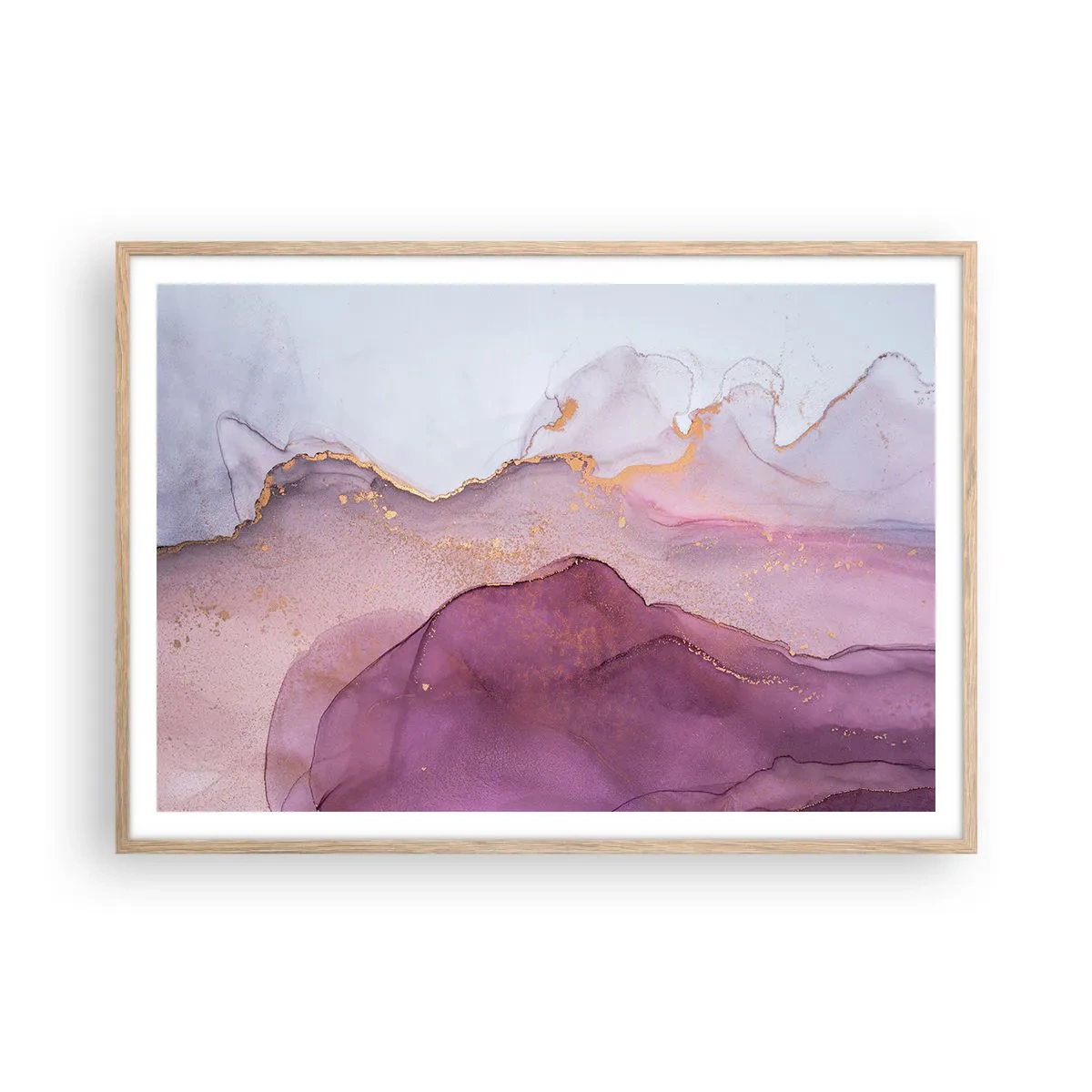 Pôster com moldura de carvalho claro - Ondas de lilás e roxo - 100x70 cm