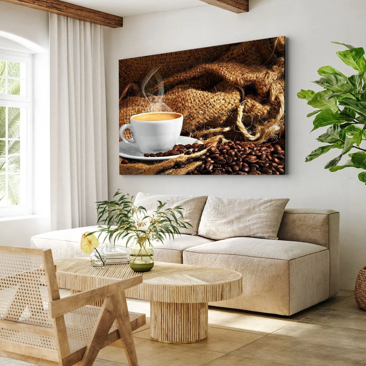 Quadro em tela - Uma xícara de café cercada por um saco de grãos de café - 70x50cm - O cheiro de moka e a densidade do líquido de mel - Decoração de parede moderna para a sala de estar e quarto ARTTOR