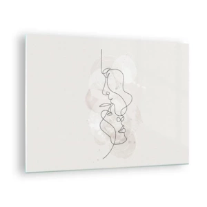 Quadro em vidro - Um desenho minimalista dos rostos de duas pessoas em um abraço sutil e sensual. - 70x50cm - Emaranhados num abraço - Decoração de parede moderna para a sala de estar e quarto ARTTOR