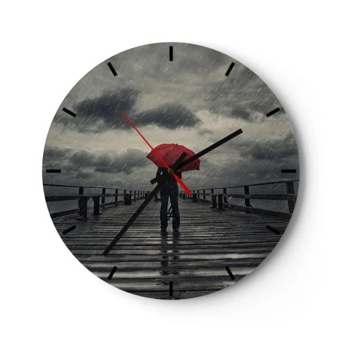 Relógio de parede - Relógio em vidro - Uma pessoa com um guarda-chuva vermelho em um píer em um dia chuvoso. - 30x30cm - Não faz mal que chova - Decoração de parede moderna para a sala de estar, cozinha e quarto ARTTOR