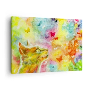 Quadro em tela - Um gato cercado por borboletas coloridas - 70x50cm - O paraíso dos gatos - Decoração de parede moderna para a sala de estar e quarto ARTTOR