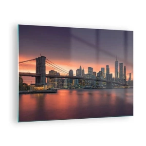 Quadro em vidro - Ponte do Brooklyn ao pôr do sol - 70x50cm - Imersa no silêncio lilás - Decoração de parede moderna para a sala de estar e quarto ARTTOR