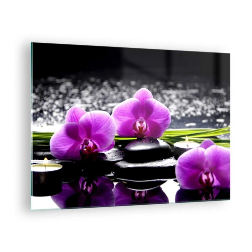 Quadro em vidro - Orquídeas roxas com pedras e velas sobre um fundo de água - 70x50cm - Afogar-se na paz e sossego - Decoração de parede moderna para a sala de estar e quarto ARTTOR