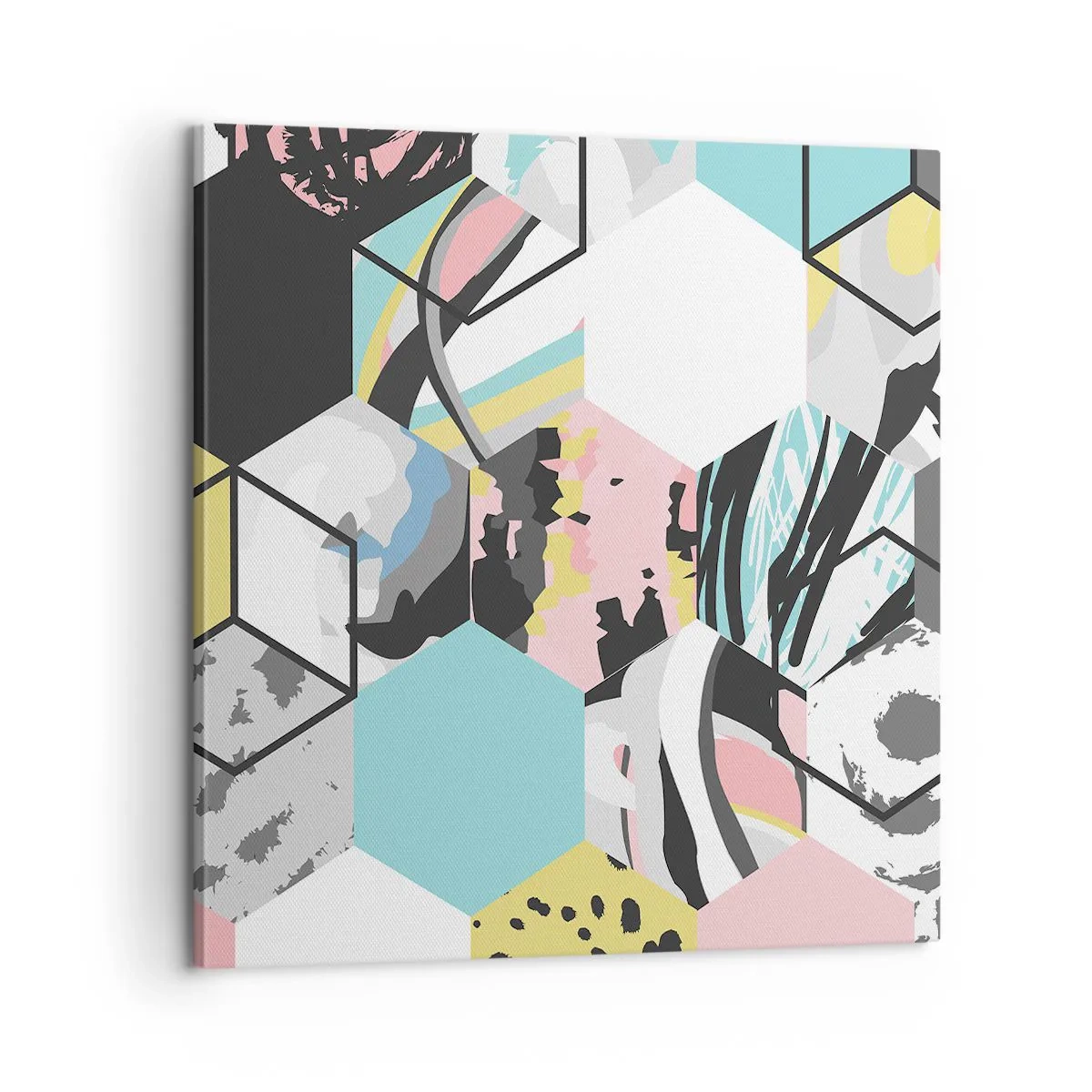 Quadro em tela - Hexágonos e cubos em seis cores - 60x60 cm
