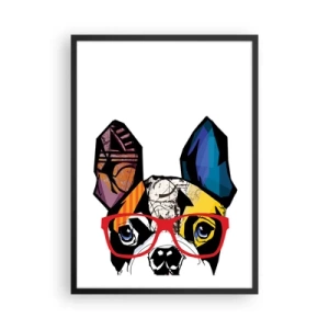 Pôster com moldura preta - Retrato colorido de um cachorro usando óculos - 50x70cm - Intelectual - Decoração de parede moderna para a sala de estar e quarto ARTTOR