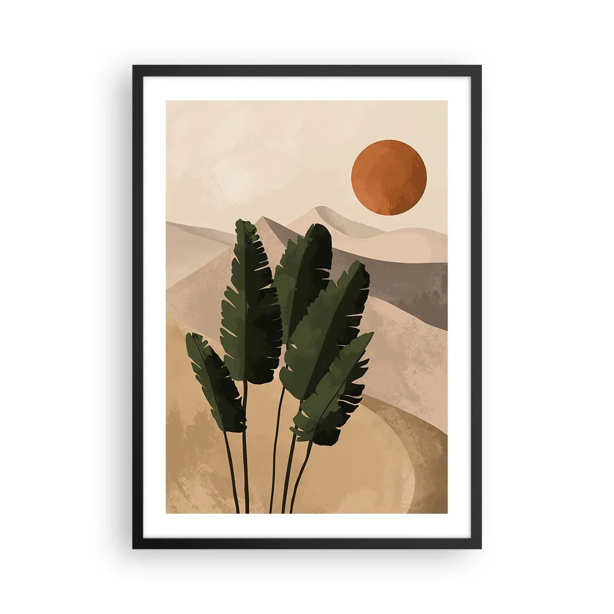 Pôster com moldura preta - Plantas em um cenário desértico com o pôr do sol, paisagem abstrata - 50x70cm - O triunfo da vida - Decoração de parede moderna para a sala de estar e quarto ARTTOR
