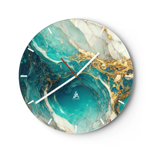 Relógio de parede - Relógio em vidro - Abstrato turquesa com padrão dourado em espiral - 30x30cm - Composição com veios d'ouro - Decoração de parede moderna para a sala de estar, cozinha e quarto ARTTOR