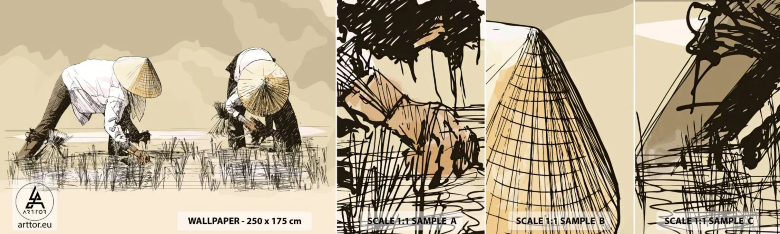 Amostra de papel de parede autocolante Deluxe Sticker - Boa colheita - Ásia, Plantação de Arroz, Arrozal - 100x30 cm