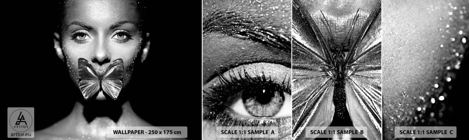 Amostra de papel de parede autocolante Deluxe Sticker - O beijo da borboleta - Abstração, Mulher, Borboleta - 100x30 cm