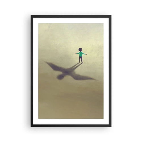 Pôster com moldura preta - Uma criança com a sombra de um pássaro contra um céu pastel - 50x70cm - Herói do futuro - Decoração de parede moderna para a sala de estar e quarto ARTTOR