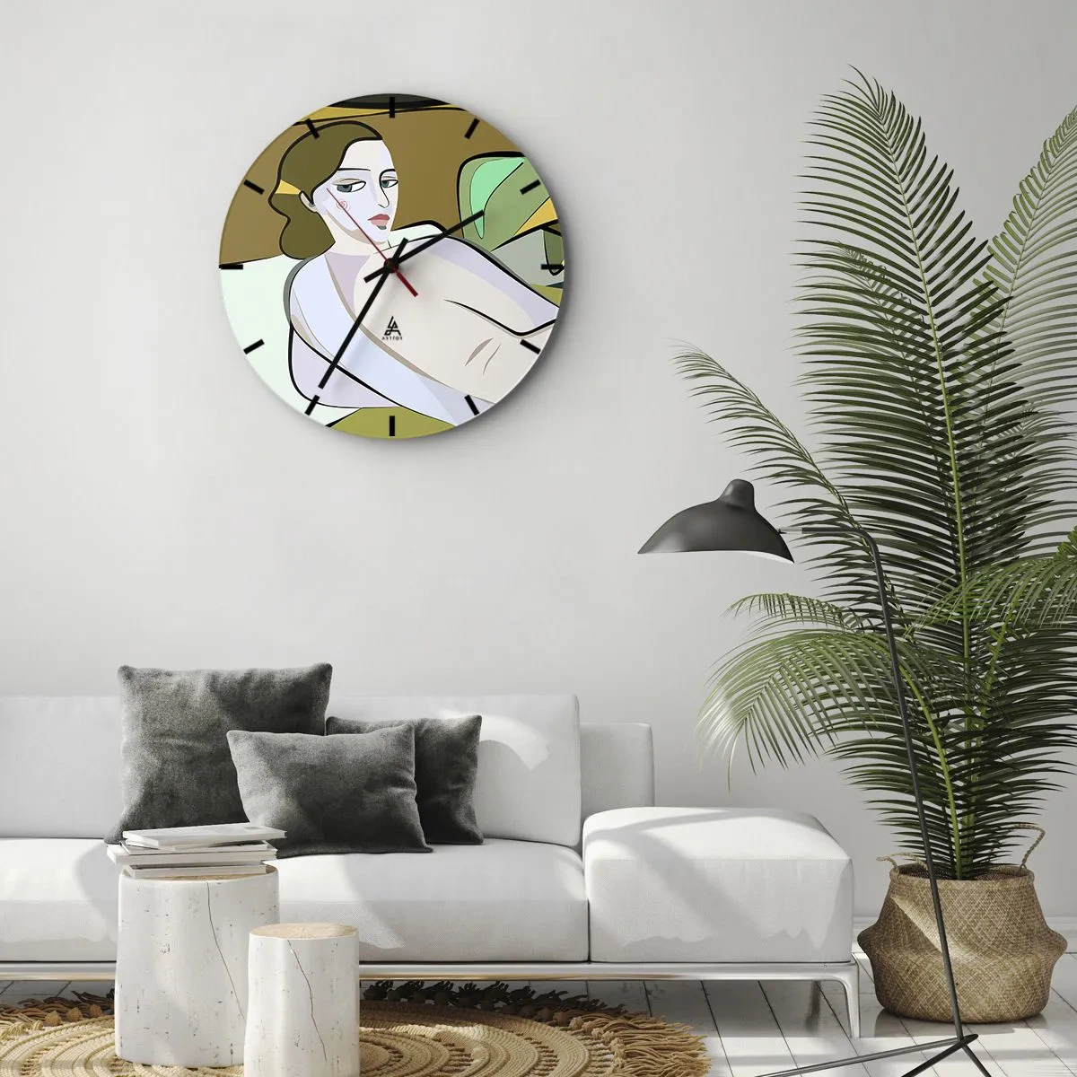 Relógio de parede - Relógio em vidro - Uma figura feminina no estilo cubista sobre um fundo abstrato - 30x30cm - Retrato íntimo - Decoração de parede moderna para a sala de estar, cozinha e quarto ARTTOR