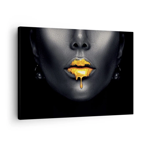 Quadro em tela - Retrato em preto e dourado de uma mulher com uma gota de ouro nos lábios - 70x50cm - Boca dourada - Decoração de parede moderna para a sala de estar e quarto ARTTOR