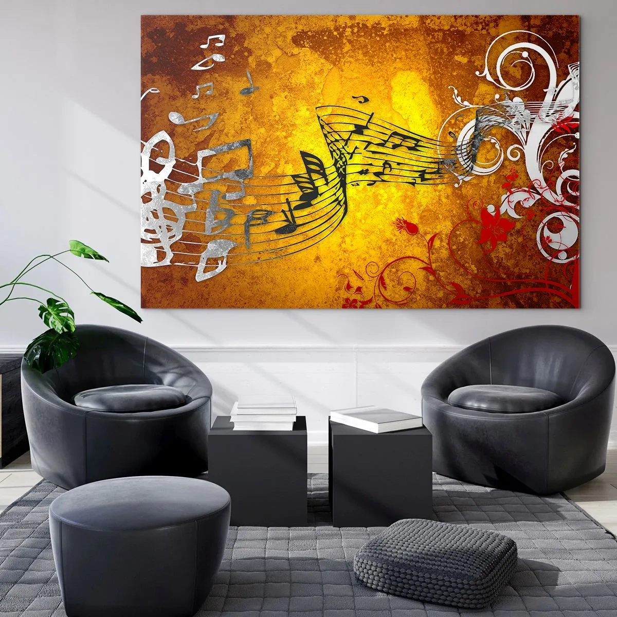 Quadro em vidro - Motivos musicais sobre um fundo de ornamentos dourados - 70x50cm - Deixe a música fluir - Decoração de parede moderna para a sala de estar e quarto ARTTOR