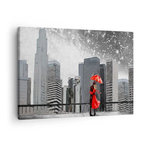 Quadro em tela - Um casal de vermelho com um guarda-chuva no contexto de uma paisagem urbana - 70x50cm - O homem não é pedra - Decoração de parede moderna para a sala de estar e quarto ARTTOR