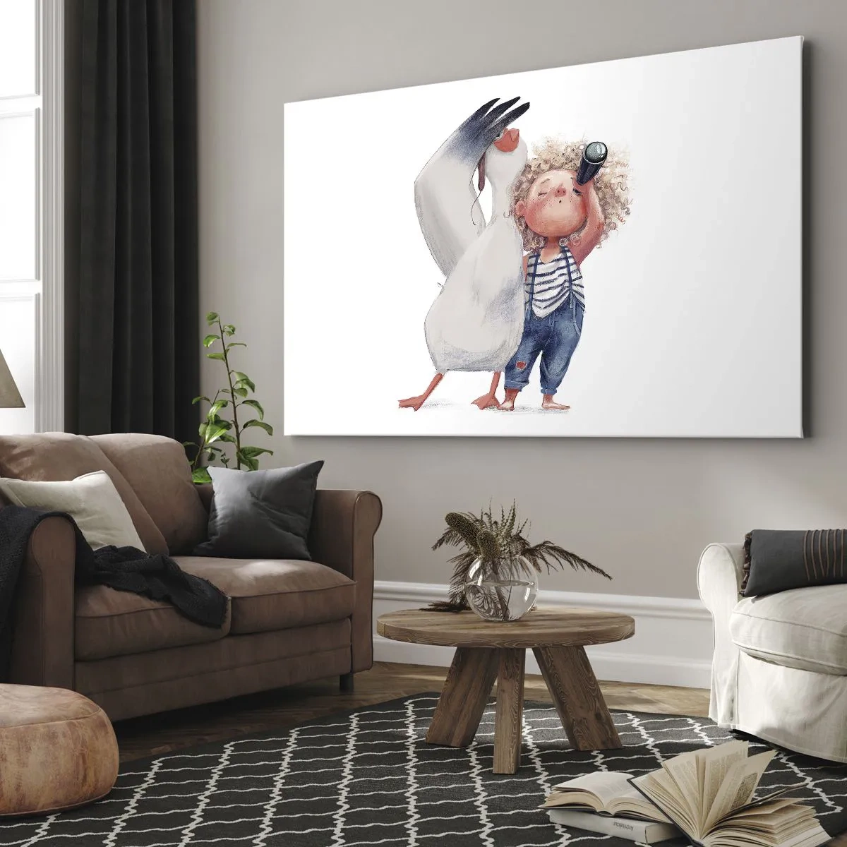 Quadro em tela - Ilustração de uma criança com um pelicano e um telescópio na mão - 70x50cm - O itinerário da grande viagem - Decoração de parede moderna para a sala de estar e quarto ARTTOR