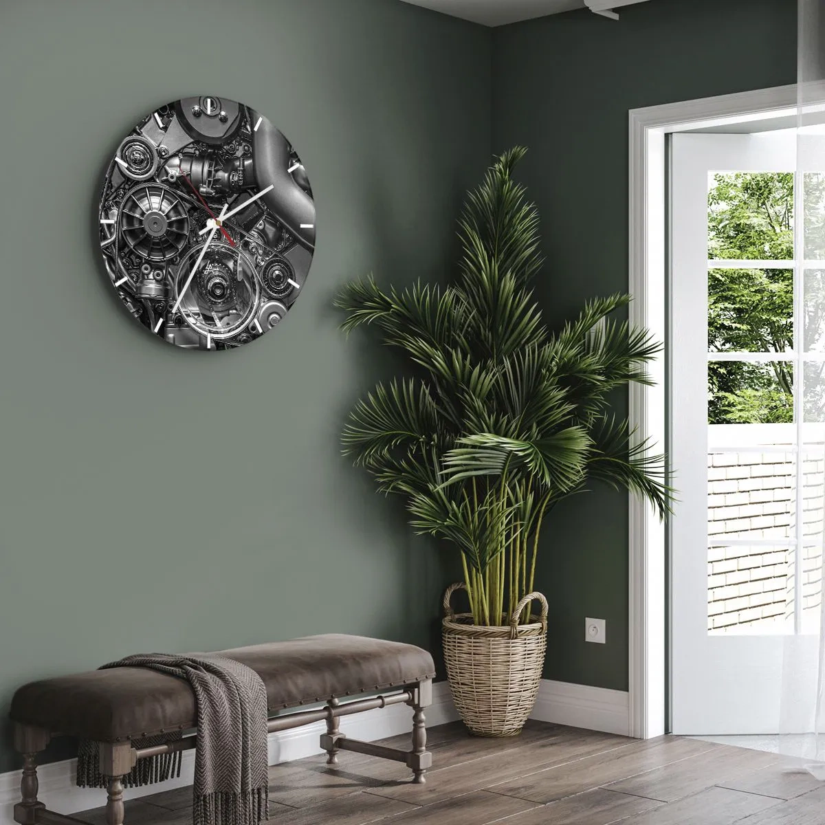 Relógio de parede - Relógio em vidro - Detalhe em preto e branco do mecanismo do motor de um carro - 30x30cm - A poesia da mecánica - Decoração de parede moderna para a sala de estar, cozinha e quarto ARTTOR