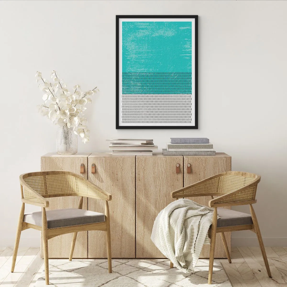 Pôster com moldura preta - Padrão geométrico com elementos turquesa e branco em estilo minimalista - 50x70cm - Composição equilibrada - Decoração de parede moderna para a sala de estar e quarto ARTTOR