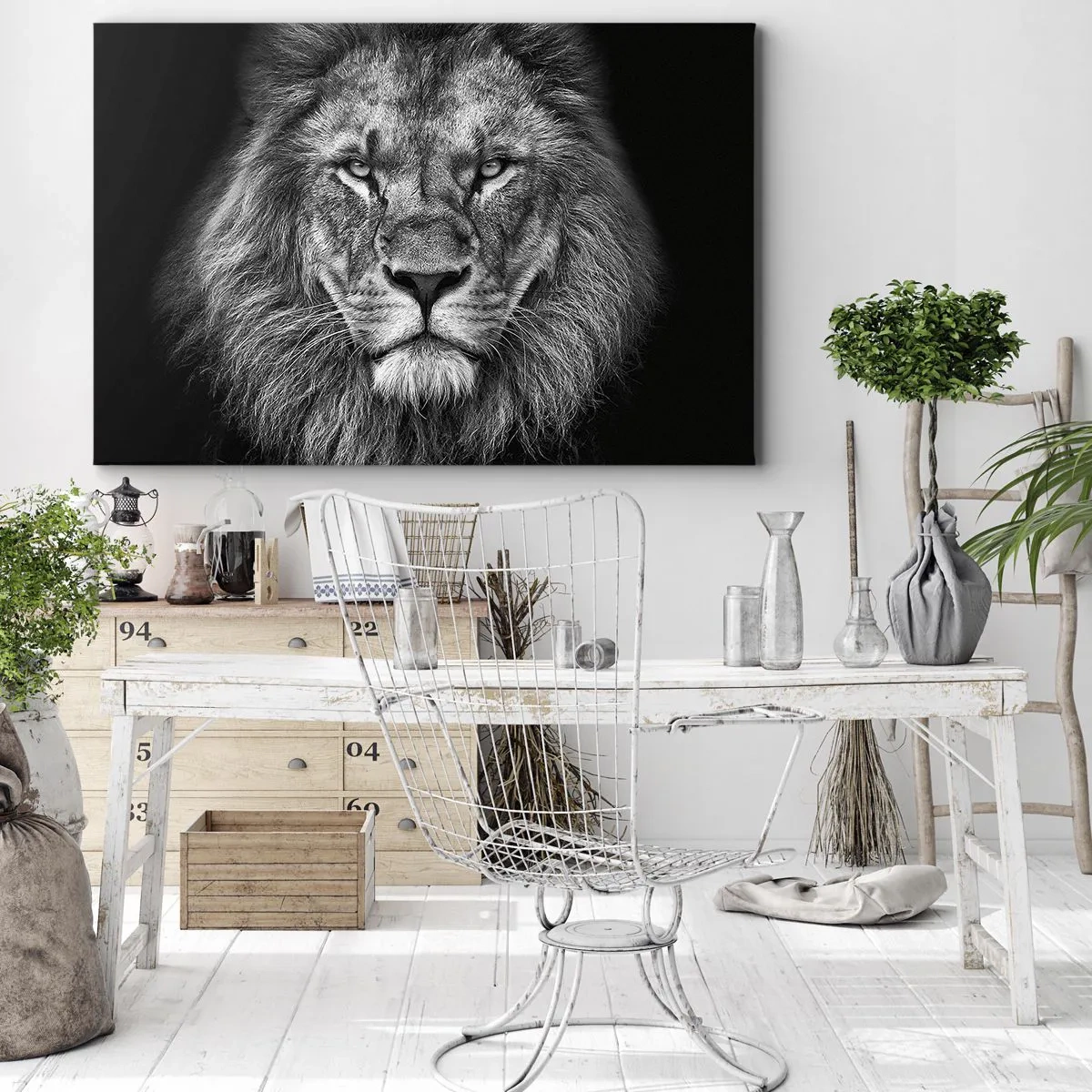 Quadro em tela - Retrato de um leão majestoso em preto e branco - 70x50cm - Em trajes de coroação - Decoração de parede moderna para a sala de estar e quarto ARTTOR