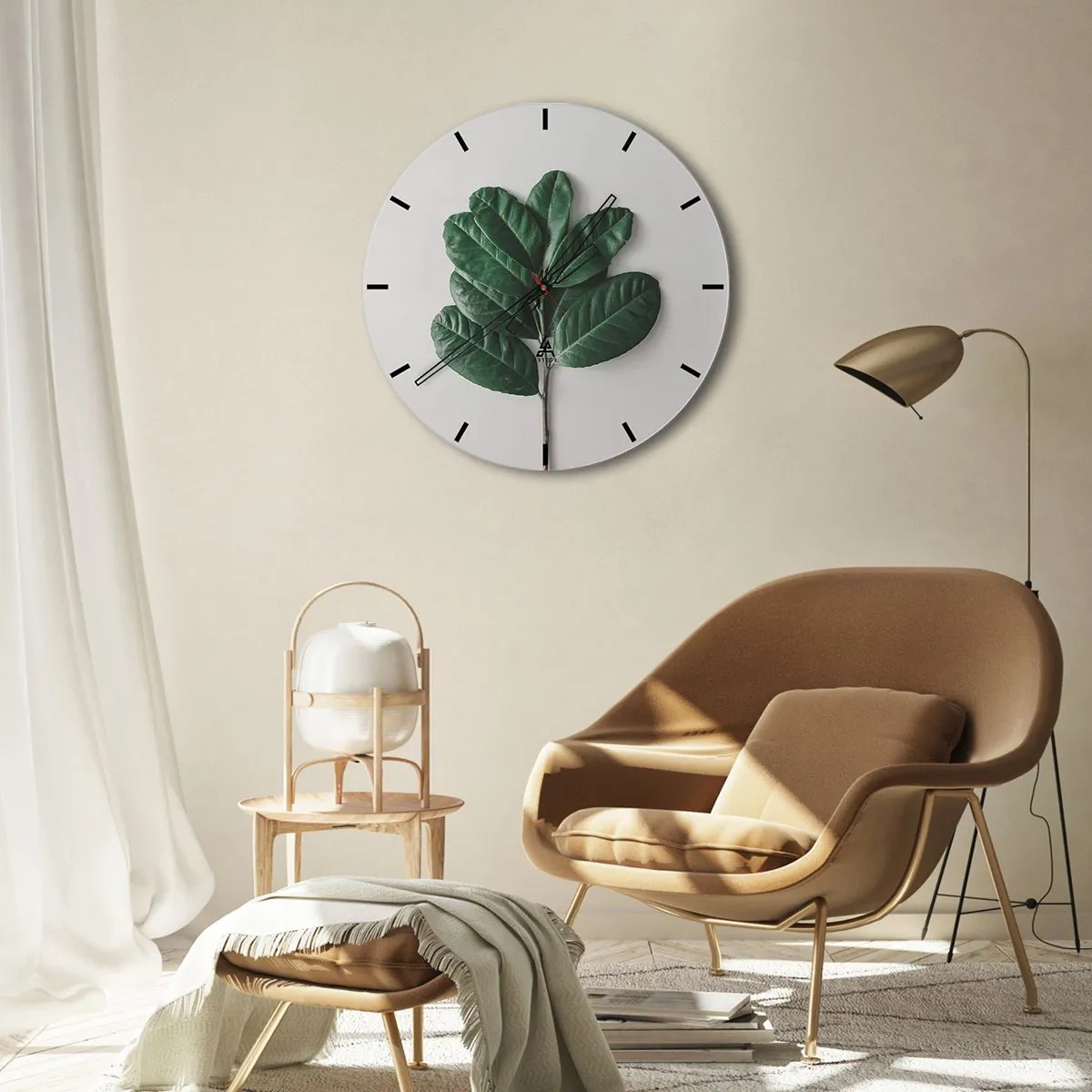 Relógio de parede - Relógio em vidro - Um galho verde com folhas grandes em um fundo claro - 30x30cm - Desenho da própria natureza - Decoração de parede moderna para a sala de estar, cozinha e quarto ARTTOR