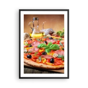 Pôster com moldura preta - Pizza apetitosa com azeitonas e ervas em uma mesa de madeira - 50x70cm - Com um sabor verdadeiramente italiano - Decoração de parede moderna para a sala de estar e quarto ARTTOR