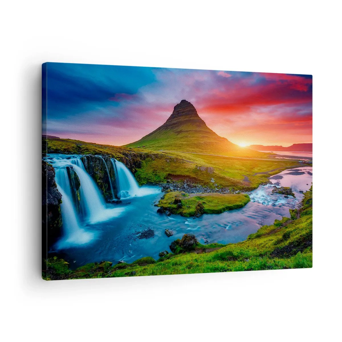 Quadro em tela - Cachoeira pitoresca e montanha ao pôr do sol - 70x50cm - Islândia - fogo e água - Decoração de parede moderna para a sala de estar e quarto ARTTOR