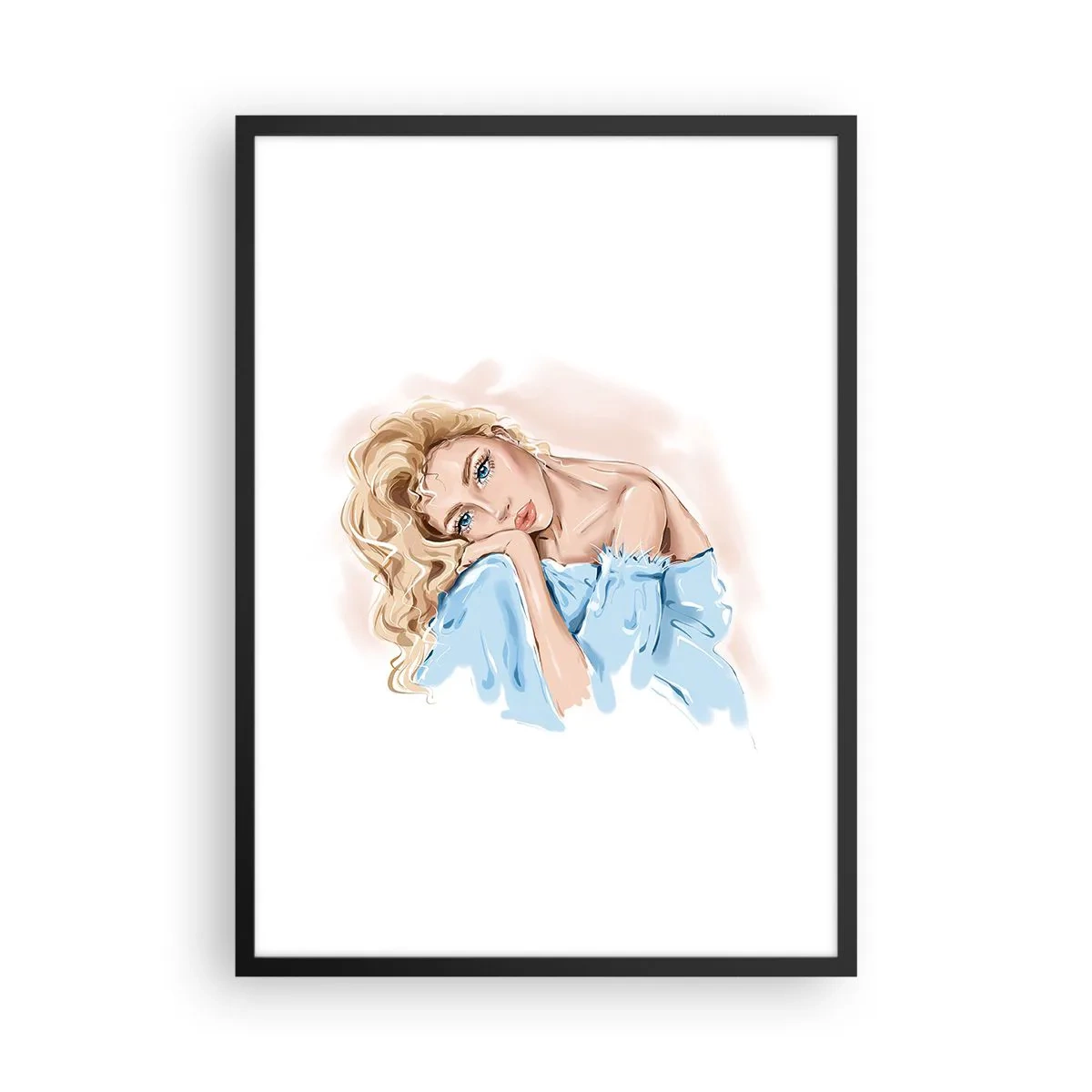Pôster com moldura preta - Um retrato sutil de uma mulher em cores delicadas - 50x70cm - Sonhadora em azul - Decoração de parede moderna para a sala de estar e quarto ARTTOR